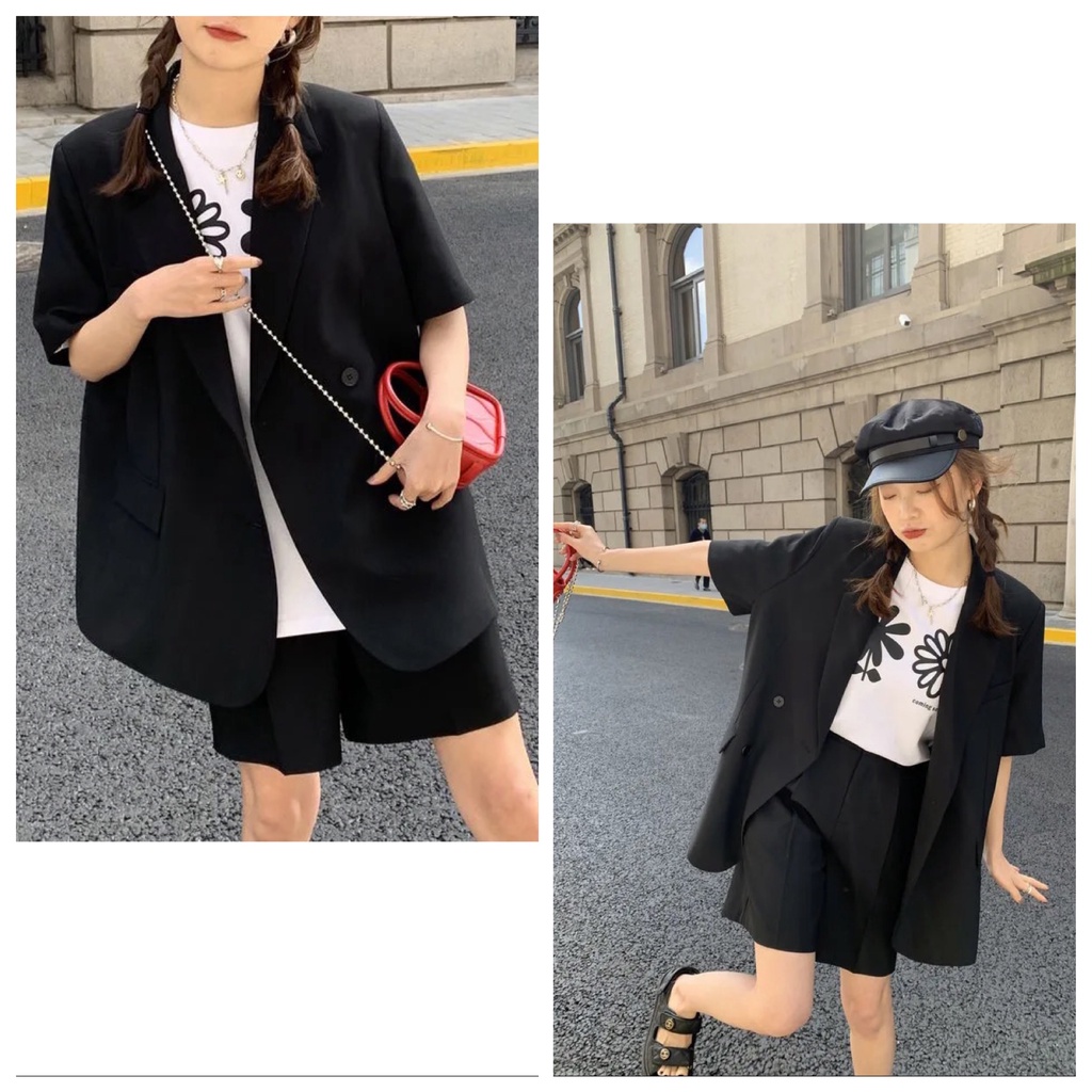 Set áo khoác tay ngắn + quần short dáng rộng thời trang mùa hè cho nữ size s-4xl