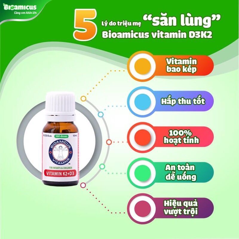 BIOAMICUS D3K2 Vitamin K2 + D3 bao kép độc quyền giúp trẻ hấp thu Canxi tối đa, ngủ ngon, sâu giấc