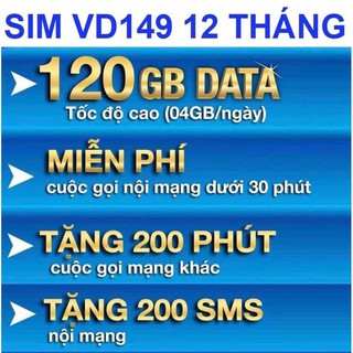SIM VD149 12T- 4gb/ngày - 1440GB ( Miễn Phí Data ) và Gọi Miễn Phí và nhắn tin Miễn Phí - Bảo Hành 12 Tháng