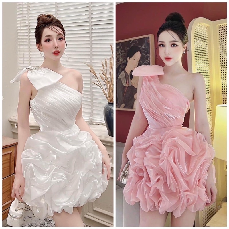 Đầm dự tiệc TRIPBLE T DRESS 1 vai nơ nhún phồng voan tơ óng ánh - size S/M/L -MS233Y