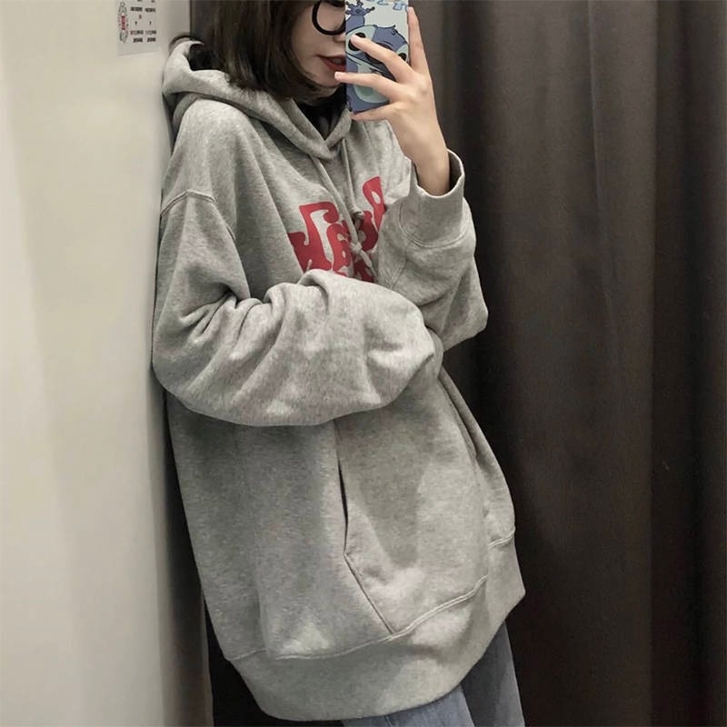 ZHELIHANGFEI  Áo Hoodie Dáng Rộng In Chữ Cá Tính Dễ Phối Đồ