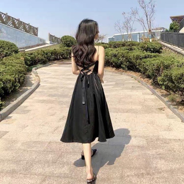 JH Đầm hở lưng chéo dây tông Đen quyến rũ J0345