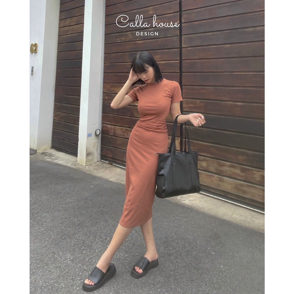 Đầm body thun 4 chiều tay ngắn nhún thân màu trơn Callene (L1481) | BigBuy360 - bigbuy360.vn