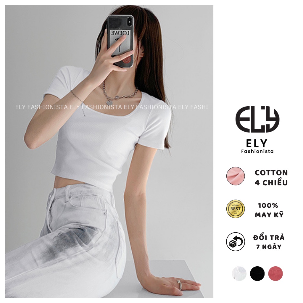 Áo croptop cổ vuông nữ ELY  thun ôm body tanktop 3 lỗ cộc tay cao cấp nhiều màu đen trắng tím nâu hồngELY218