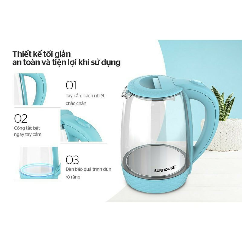 ẤM ĐUN THỦY TINH CAO CẤP SUNHOUSE SHD1215 1.8L 1800W