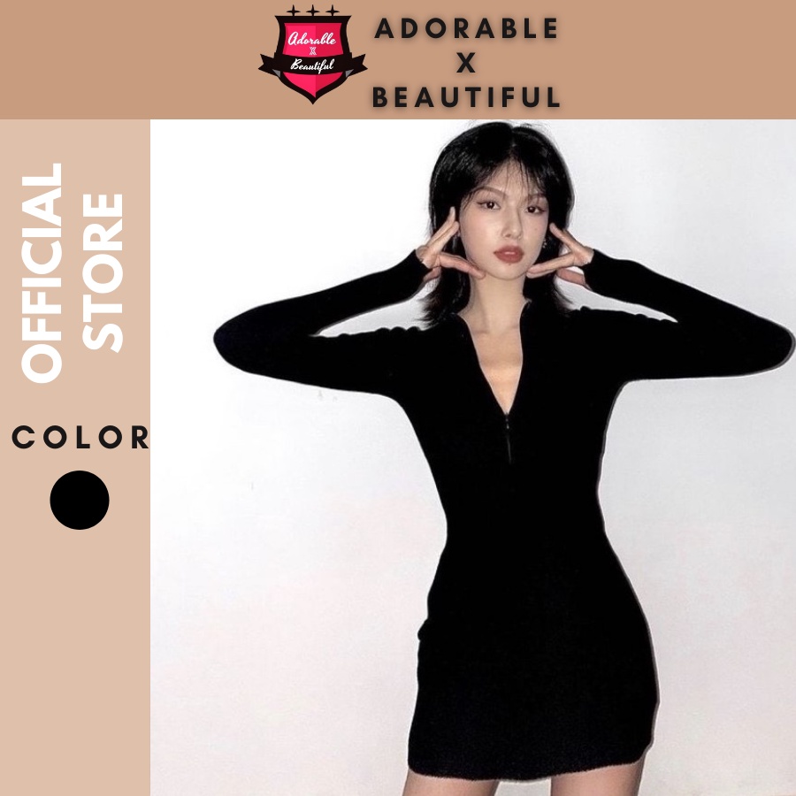 Đầm Body Tay Dài Dây Kéo Đen Thun Gân Basic Phong Cách Ulzzang Hot Trend 2022 [AdorablexBeautiful]