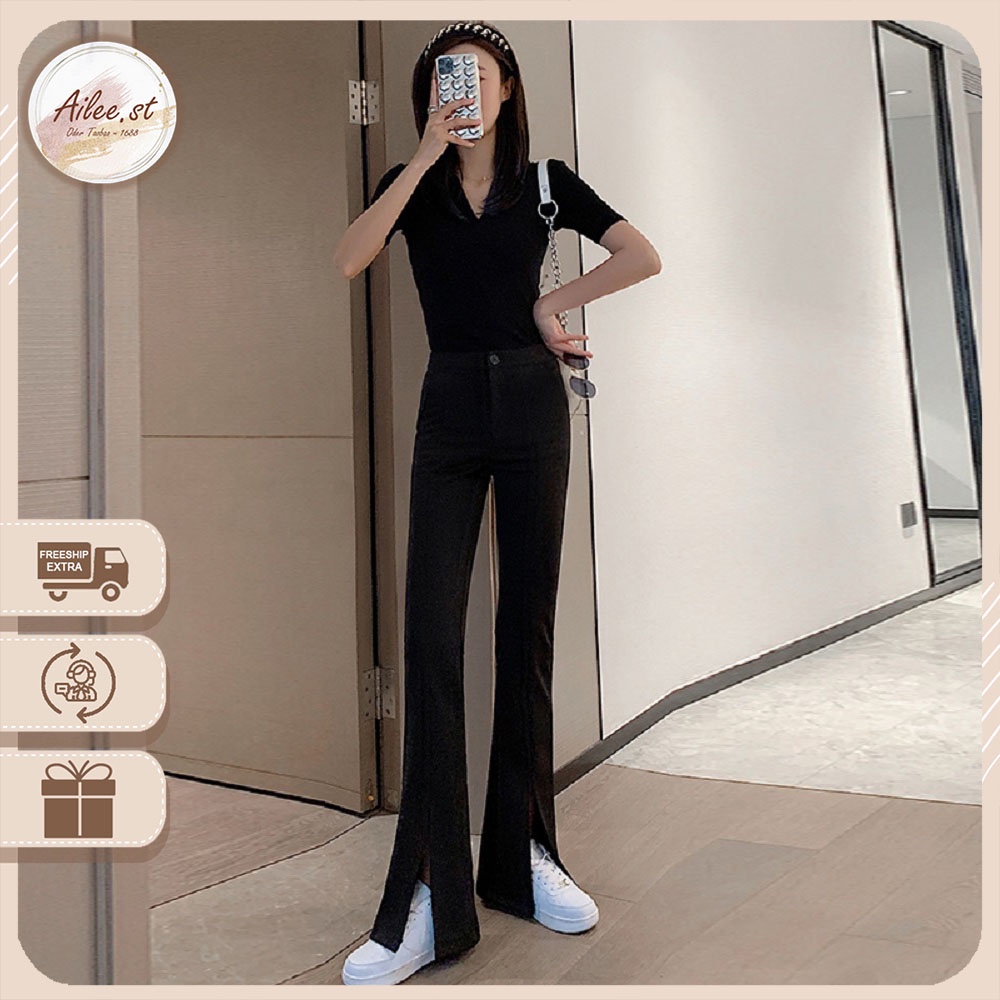QNU 003A1 Quần Vải Nữ Ống Loe Xẻ Gấu Trước Cạp Cao Chất Ruby Dáng Dài Siêu Tôn Dáng Phong Cách Hàn Quốc Cực Đẹp Ailee