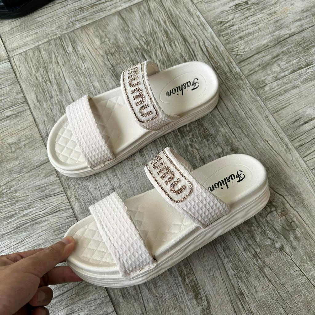 Dép Thời trang Nữ MUMU 2 Quai Vải Đính Cườm Lấp Lánh
