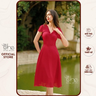 Đầm đỏ tiểu thư dáng xòe She, Đầm dự tiệc tay tiên lụa gân nữ tính siêu đẹp SDX78