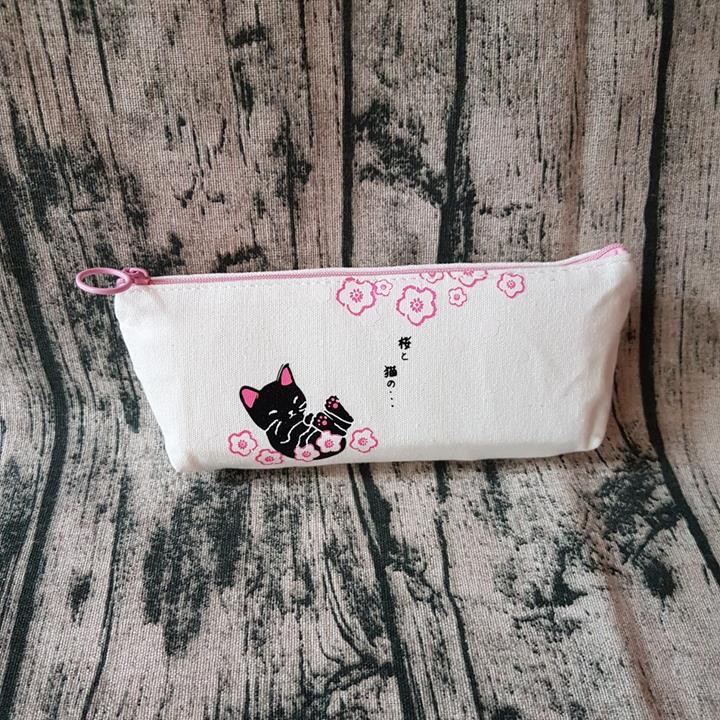 HCM -Hộp bút vải họa tiết mèo Nhật hoa anh đào ngọt ngào dễ thương