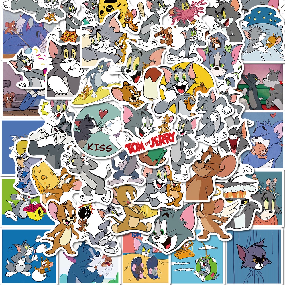Set 50 chiếc sticker chống thấm nước TOM AND CHERRY - MÈO VÀ CHUỘT dán mũ bảo hiểm, vali, laptop, xe, đàn