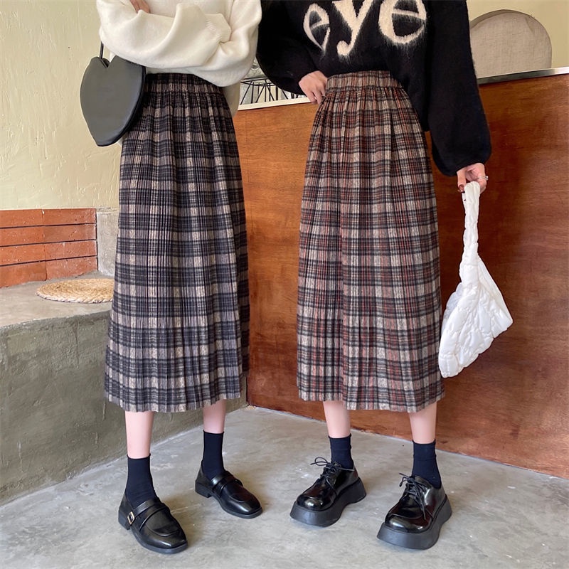 Chân Váy midi Dáng Rộng Họa Tiết Kẻ Sọc Phong Cách Hàn Quốc Cổ Điển Thời Trang Mùa Thu Mới