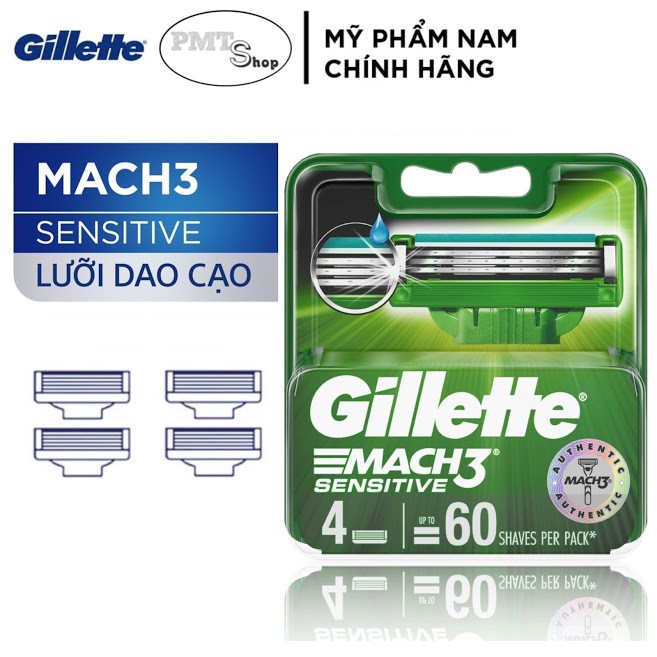 Hộp Lưỡi dao cạo râu Gillette Mach 3 Sensitive vỉ 4 cái - Mach3 3 lưỡi cao cấp