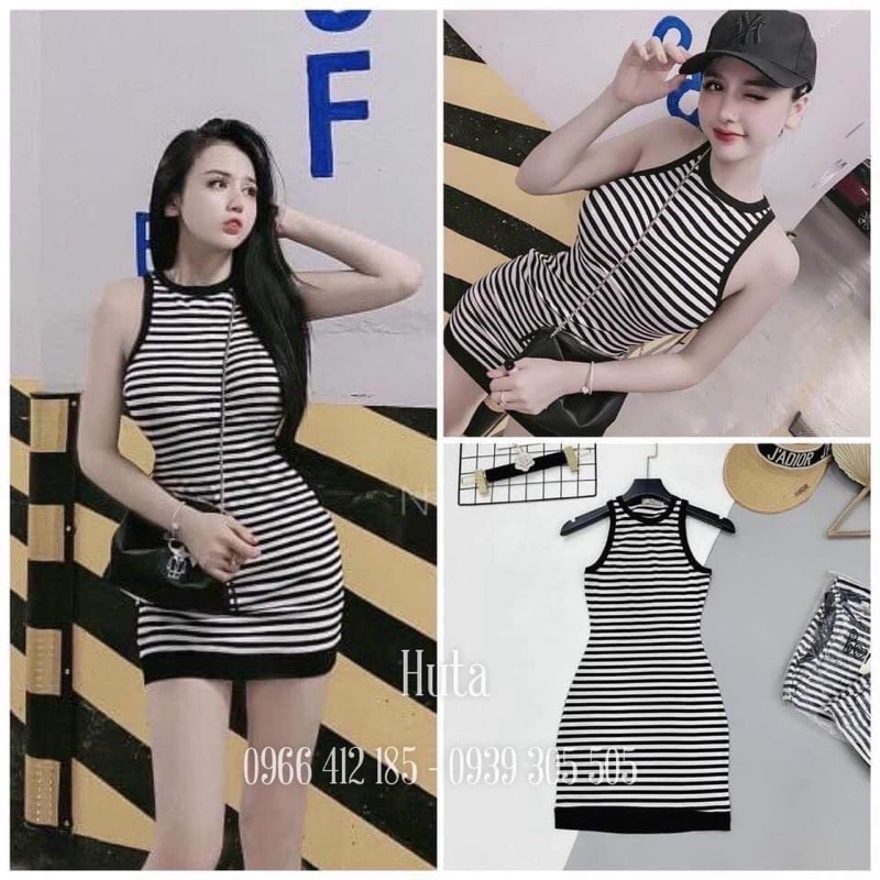 Đầm 3 Lỗ Kẻ Ngang Viền Đen Trắng
