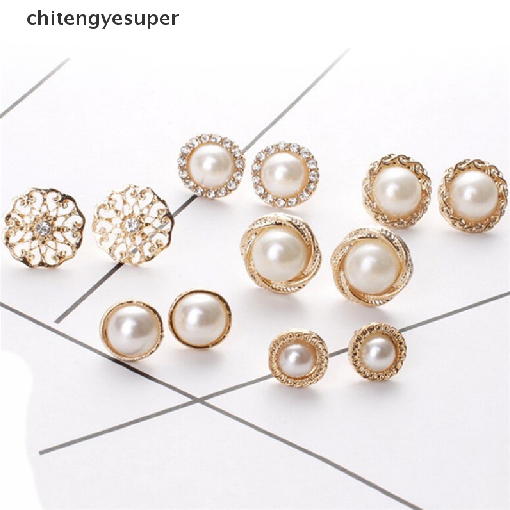 Chitengyesuper 6 Pairs Elegant Crystal Rhinestone Diamond Pearl Sign Ears Tiny Studs Earrings CGS
