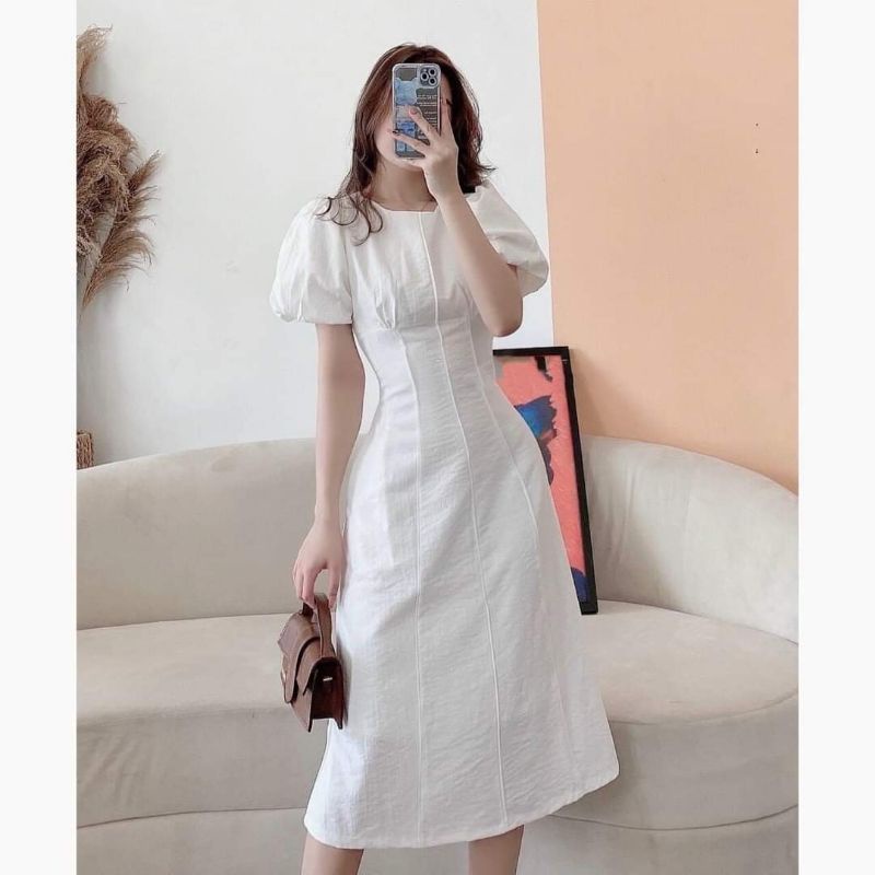 Đầm midi tay phồng chạy viền