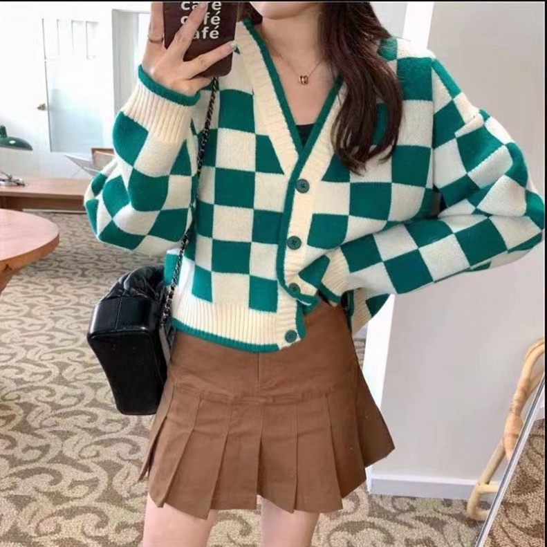 áo khoác cardigan len dáng croptop sọc caro màu xanh phong cách hàn quốc A665 nội y xanh chất len quảng châu