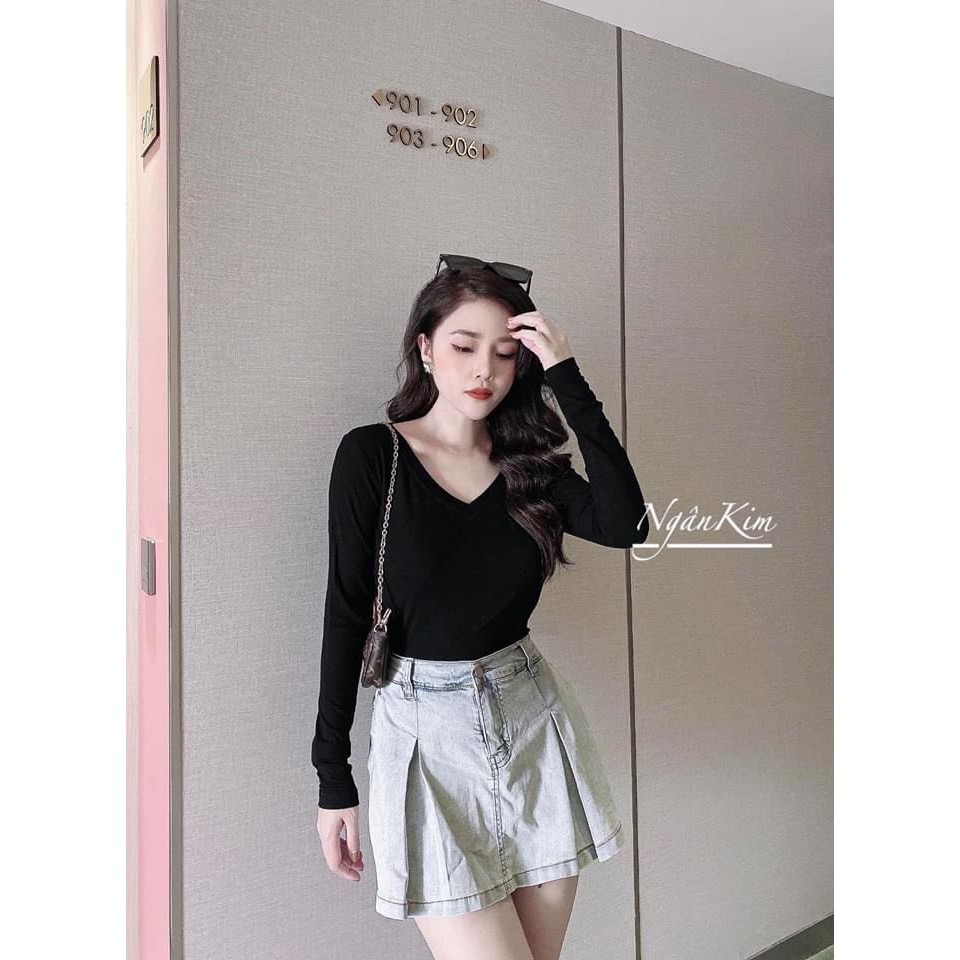 Áo Thun Tăm Giấy V-NECK Nữ [FREESHIP] 🌸 Phông cổ tim dài tay body dáng ôm màu Đen | Trắng | Hồng | Nâu Ulzzang HOT 🌸 | BigBuy360 - bigbuy360.vn