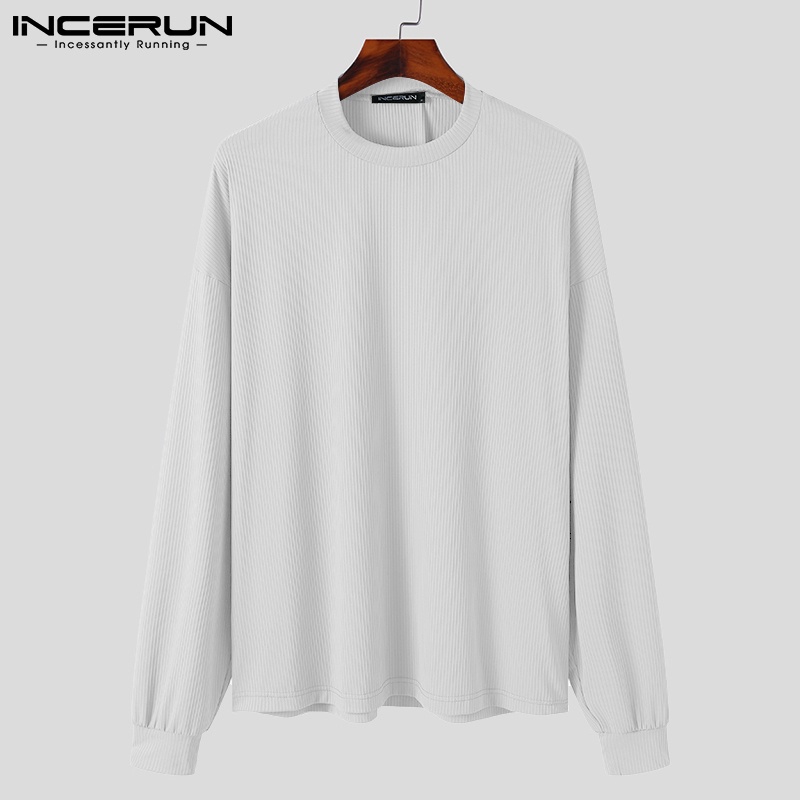 Áo thun chui đầu INCERUN tay dài màu trơn cổ tròn thường ngày cho nam