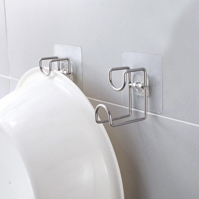 [Hàng Mới Về] Móc Treo Thau, Chậu, đồ dùng Nhà Bếp Bằng Inox Kèm Miếng Dán