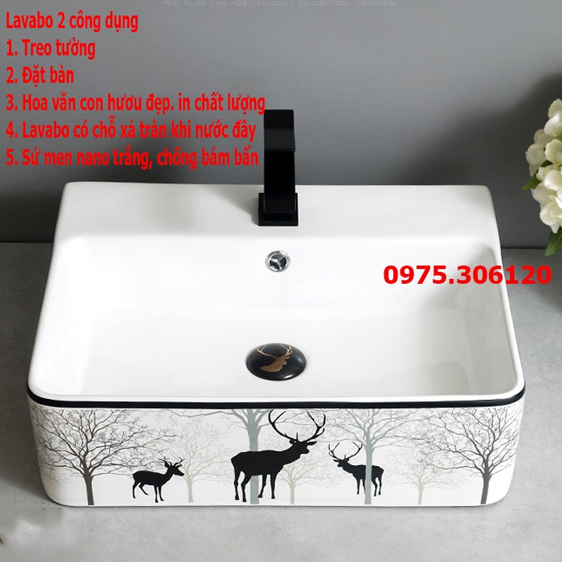 Chậu rửa mặt lavabo hoa văn TREO TƯỜNG hay Đặt Bàn Đá VUÔNG CON HƯƠU TREO TƯỜNG, men NANO trắng sáng chống bám bẩn