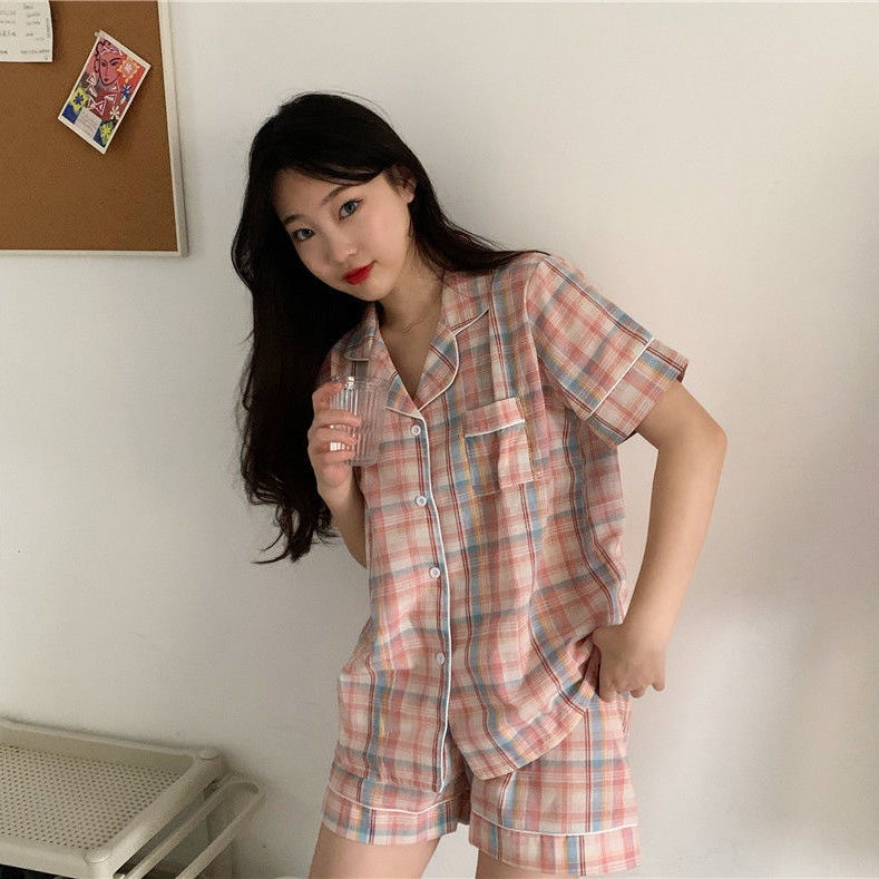Bộ Đồ Ngủ Tay Ngắn Họa Tiết Sọc Caro Đỏ Dễ Thương Phong Cách Hàn Quốc Thời Trang Mùa Hè Cho Nữ | BigBuy360 - bigbuy360.vn