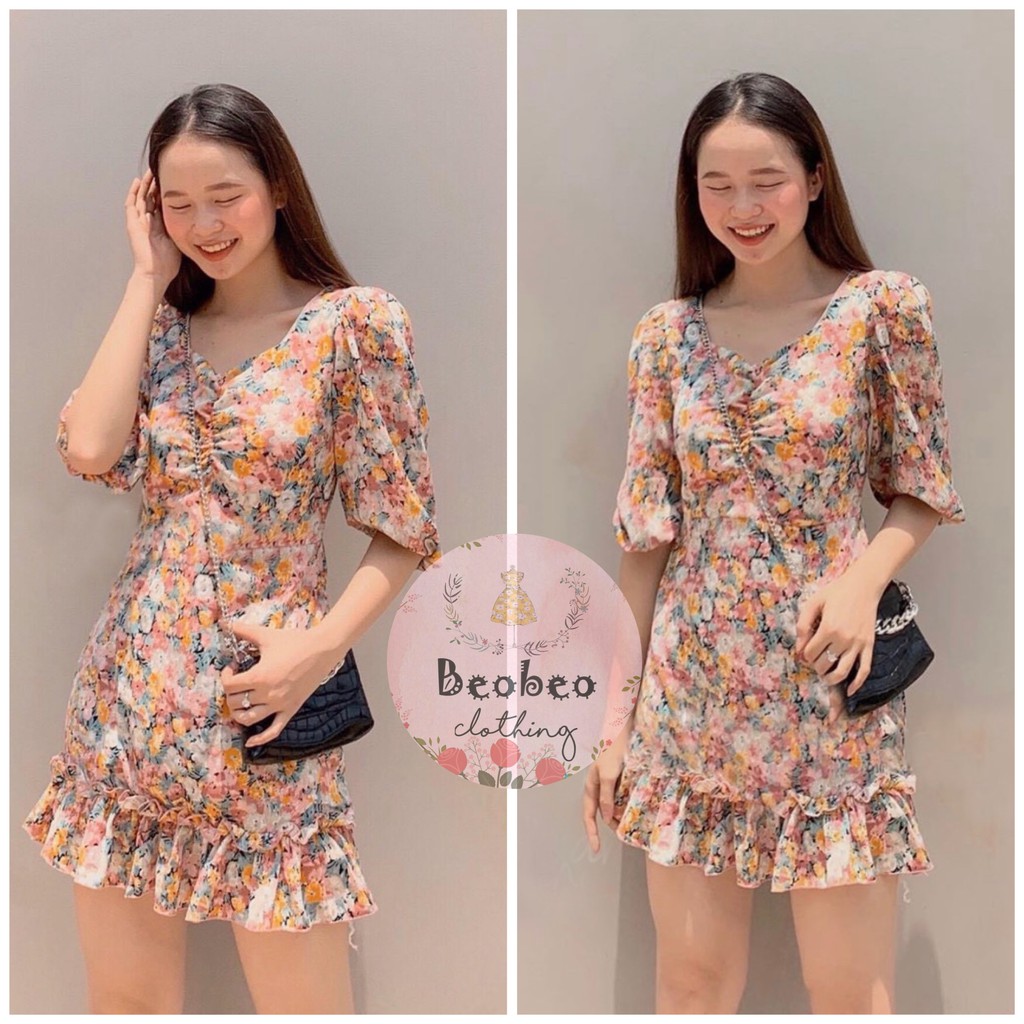 Đầm voan hoa chân bèo tay bo phồng thắt nơ vintage