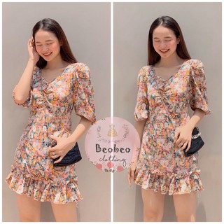 [Ảnh thật] Đầm voan hoa chân bèo tay bo phồng thắt nơ vintage