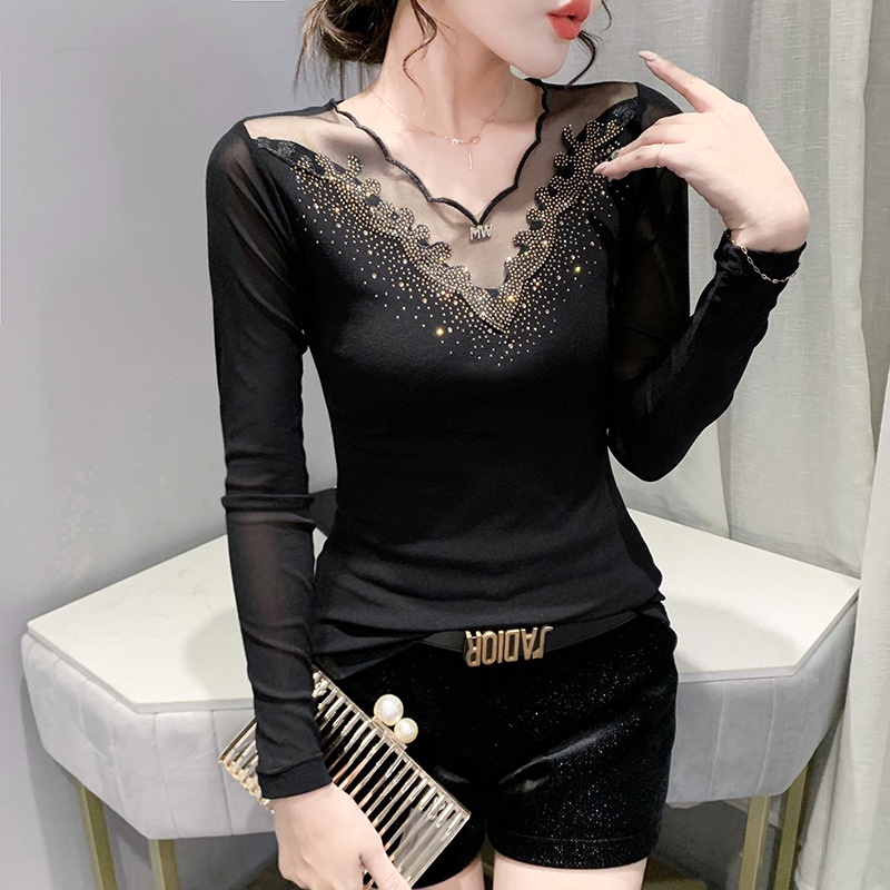 Áo Thun Dài Tay Phối Lưới Đính Đá Thời Trang Sành Điệu áo lưới dài tay áo kiểu trễ vai