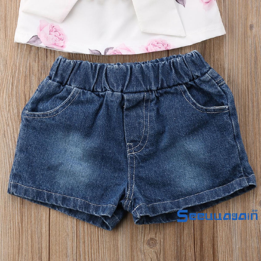 Set Áo Trễ Vai Và Quần Short Denim Xinh Xắn Dành Cho Bé Gái