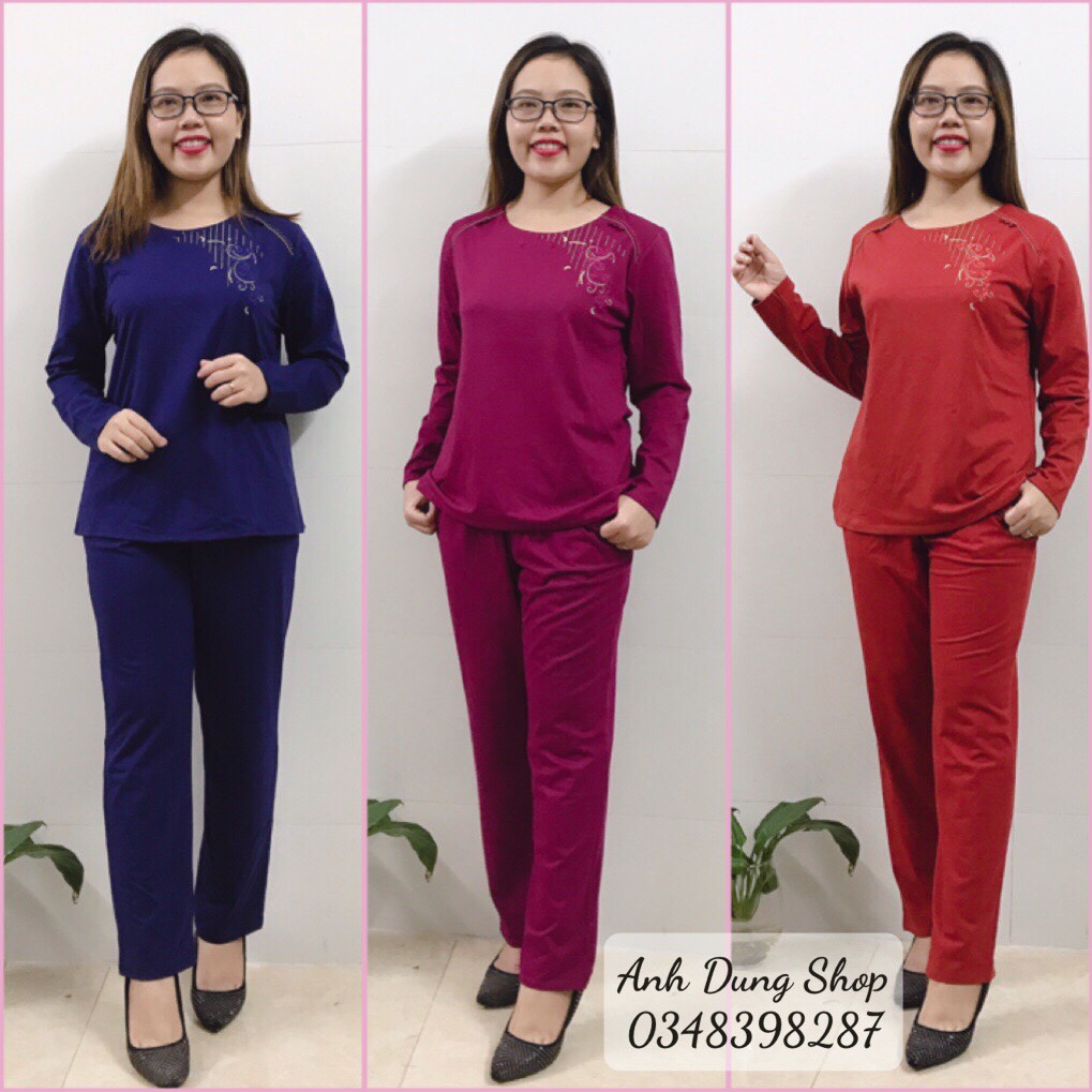 Bộ Mặc Nhà Trung Niên Thu Đông Chất Cotton Dài Tay- Bộ Mặc Nhà Cho Mẹ Cho bà Hình Thêu