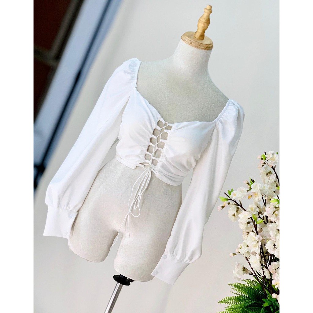 (ẢNH THẬT) Áo Croptop Đan Dây Tay Dài Daisy (TRẮNG+ĐEN)