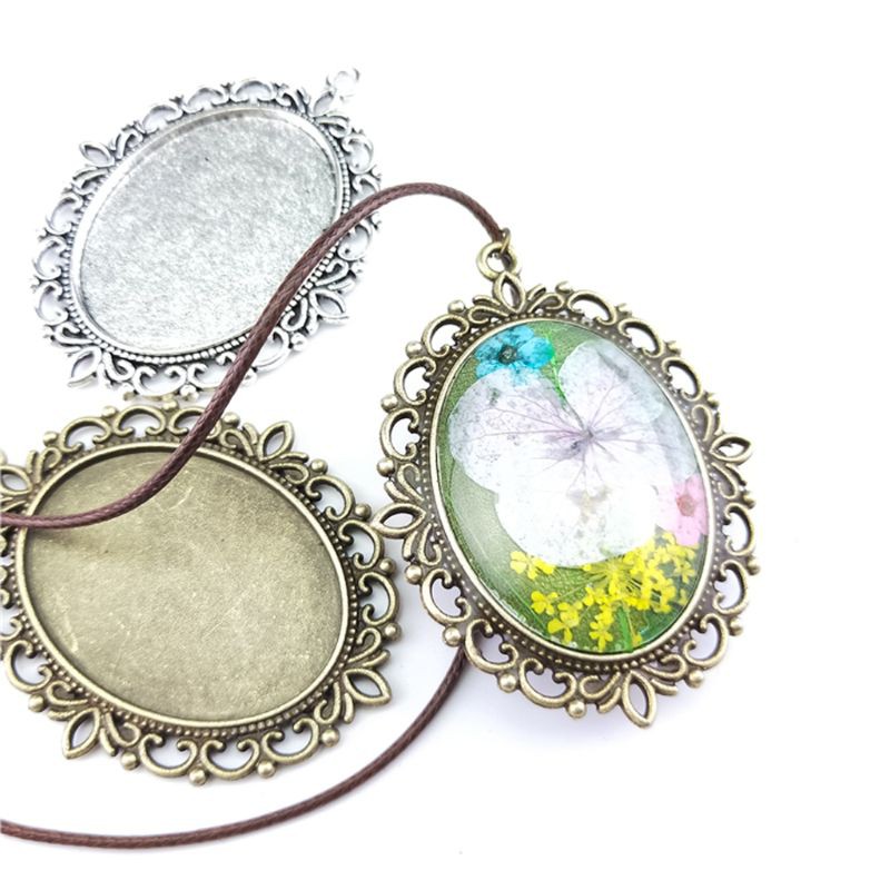 Set 10 khay mặt dây chuyền và 10 miếng cabochons thủy tinh hình oval tự làm trang sức thủ công
