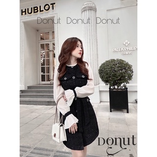 Váy dạ tweed đen tay phối tơ