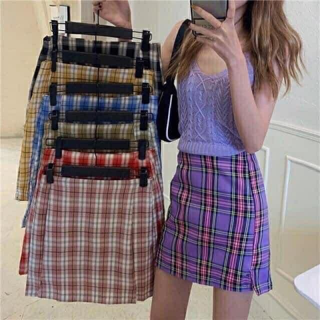 Chân Váy Kẻ Sọc Caro Chéo Xanh Đỏ Chân Váy Chữ A Vừa Nổi Bật Mùa Đông Ulzzang