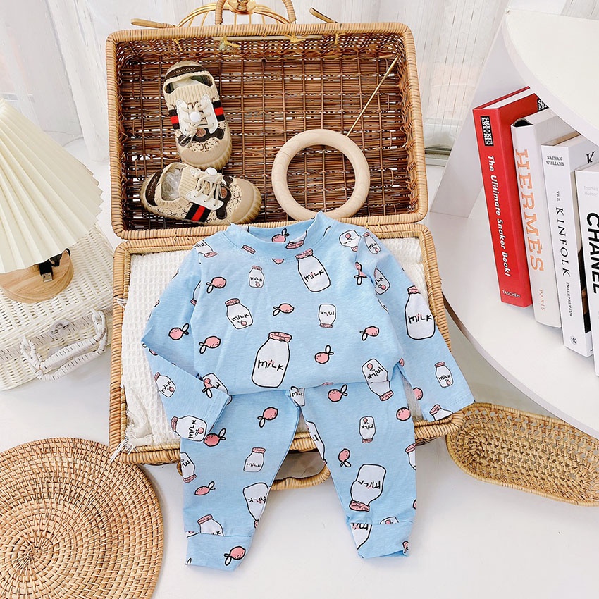 Bộ Quần Áo Dài Tay Thu Đông In Các Hình Milk Dâu Monky Vải Cotton Mềm Mịn Cho Bé Từ 8-15kg Mã DT29