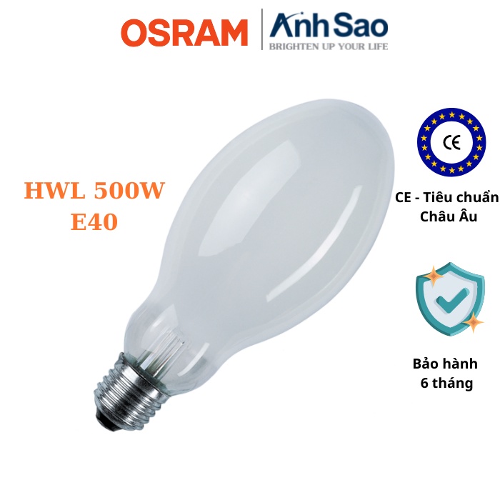Bóng đèn cao áp thủy ngân trực tiếp OSRAM HWL 500W Đui E40 ánh sáng vàng nắng - Hàng chĩnh hãng, BH 6 tháng