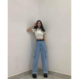 Quần Jeans ống rộng CULOTTES túi hộp - Quần bò nữ có 3 size hình thật