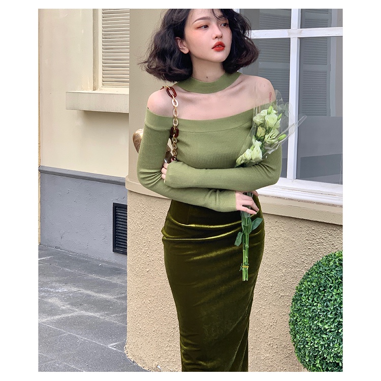 Áo dệt kim SUXI trễ vai dáng ôm thời trang màu thu quyến rũ cho nữ