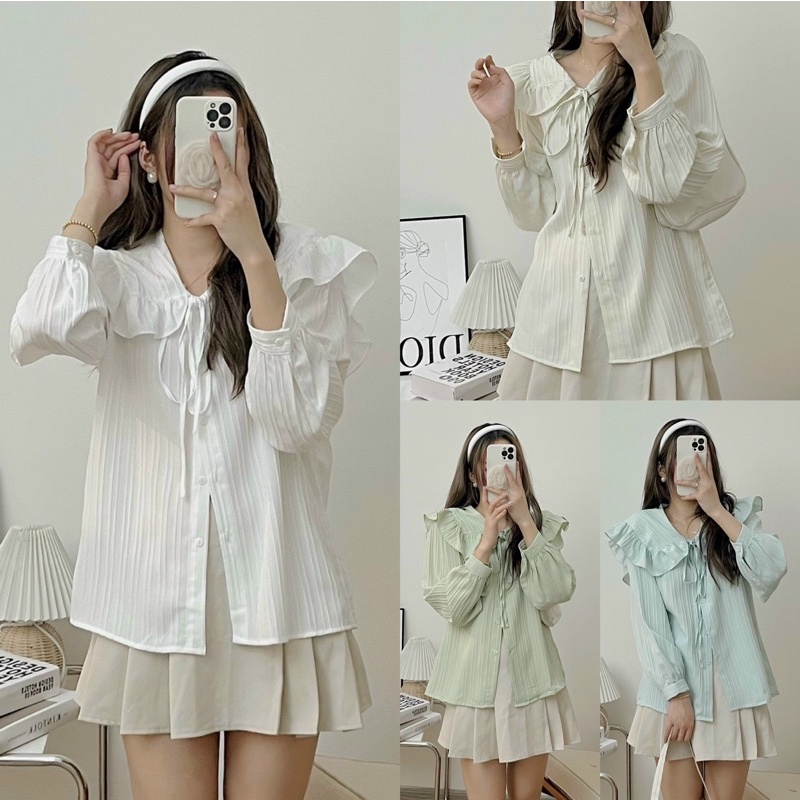Áo sơ mi cổ bèo cánh tiên thắt nơ chất đũi sần đẹp, áo kiểu nữ
