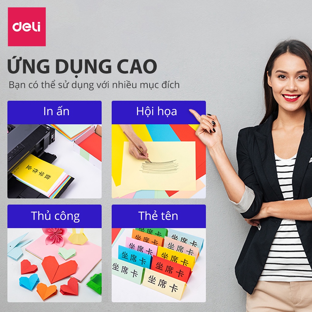 Giấy in nhiều màu khổ A4 Deli - Định lượng 80gsm - 100 trang/tệp - 2 tông màu pastel / sặc sỡ - 7788