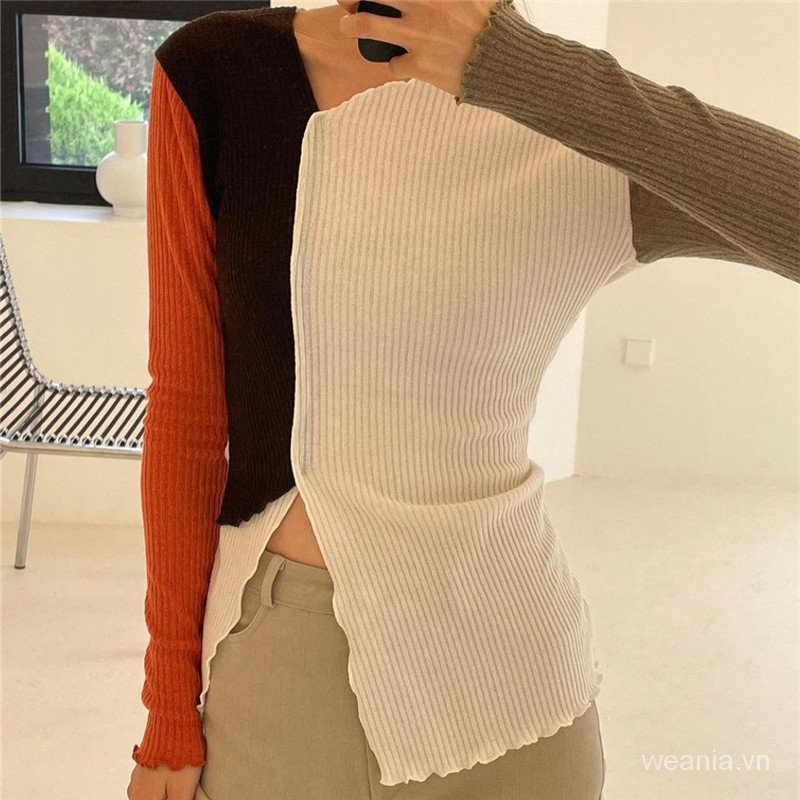 Áo kiểu tay dài thiết kế xẻ tà màu sắc độc đáo thời trang dành cho nữ