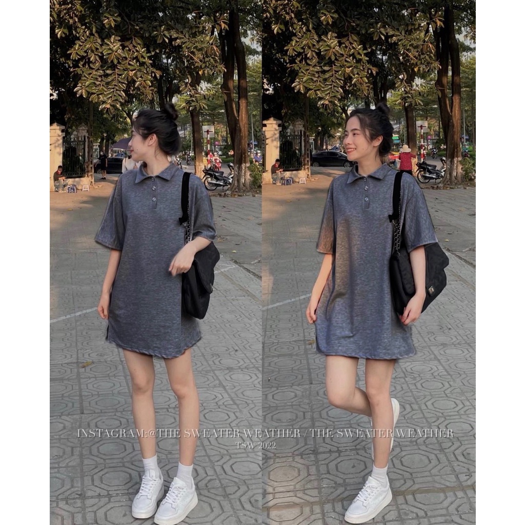 Váy polo tay lỡ tổ ong màu xám basic - Đầm trơn cổ bẻ cộc tay oversize, thiết kế học sinh, trẻ trung năng động Ulzzang