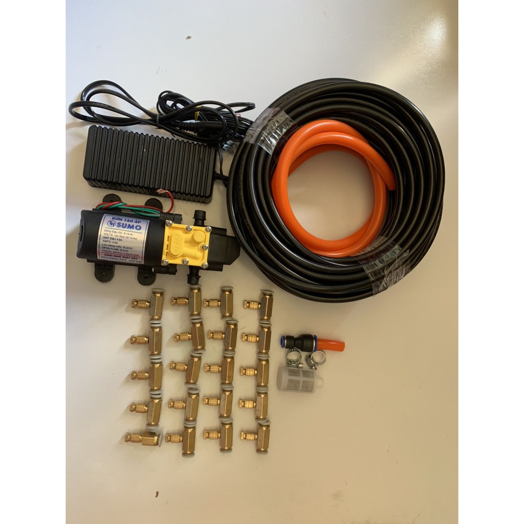 Bộ phun sương. tưới lan. bộ bơm sumo Đen kèm ng,uồn 12v_5a. 25m dây phun. 20 béc đồng. giúp làm dịu mát căn nhà và vườn
