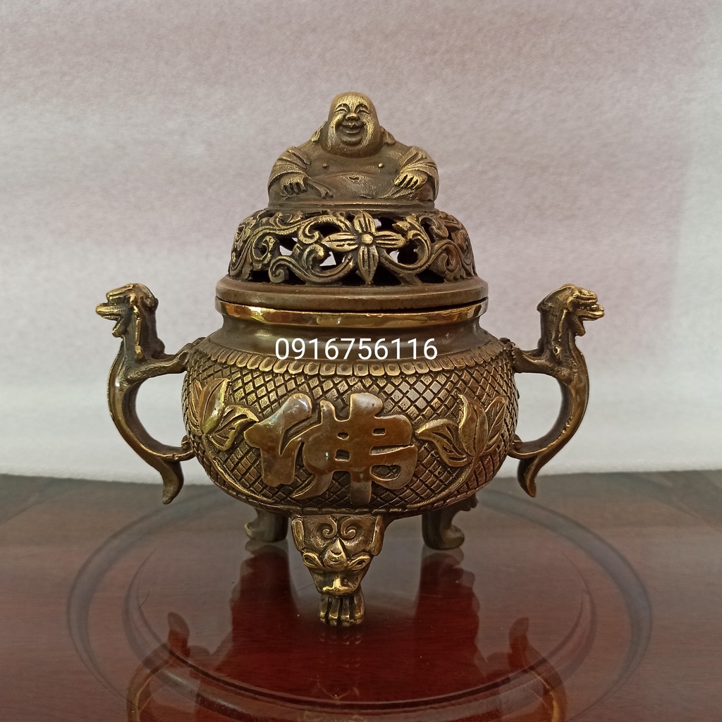 Lư đỉnh đốt trầm 16cm ngang 17cm, xông trầm bằng đồng cỡ đại, Lư xông trầm hương, dụng cụ đốt trầm, lư đồng thờ cúng