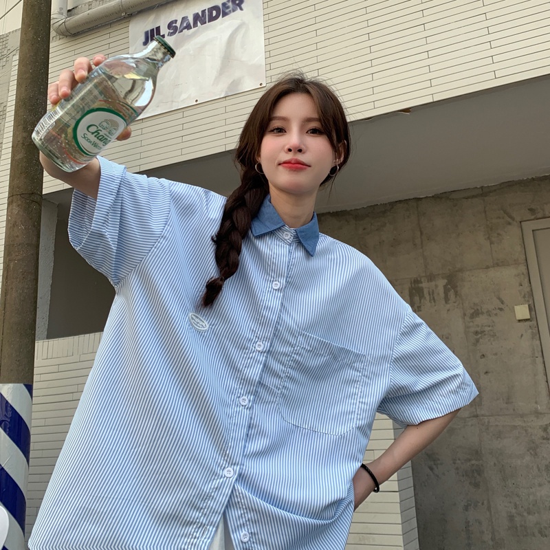 Áo Sơ Mi Tay Ngắn Họa Tiết Sọc Thời Trang Sành Điệu Cho Nữ