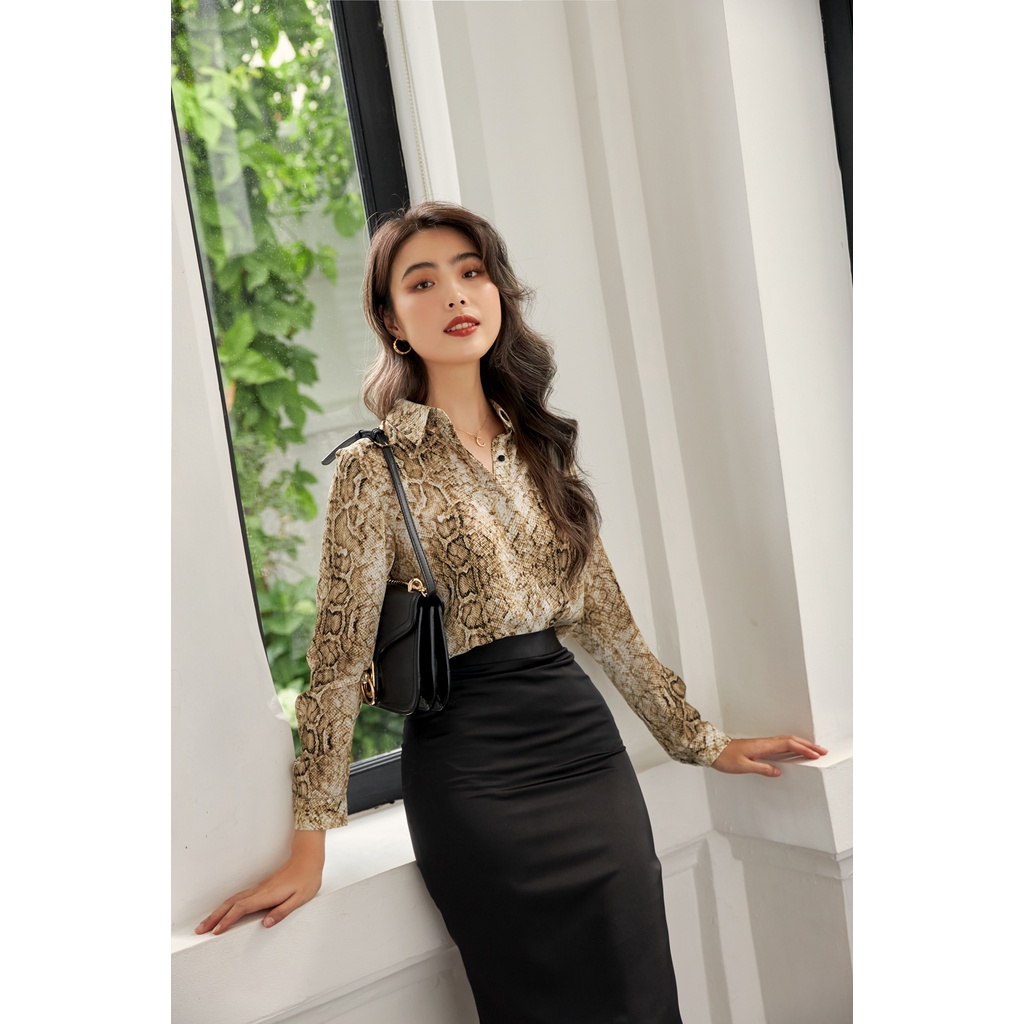 Áo Sơ Mi Nữ Lụa Cát GILLEE Hoạ Tiết Da Rắn Cá Tính FAS186