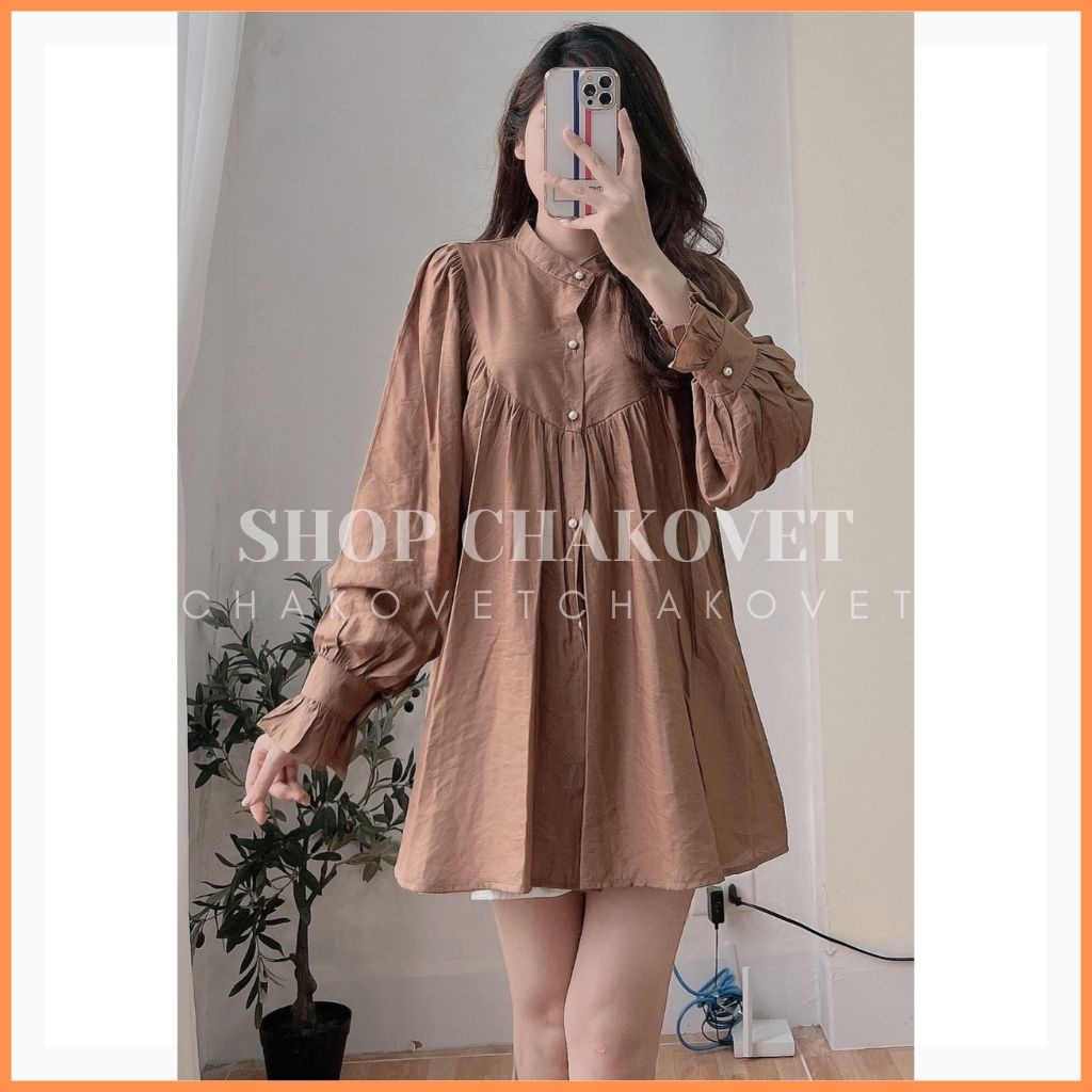Áo sơ mi nữ dài tay oversize A8206 Thiết kế kiểu cổ tròn tay phồng dáng babydoll