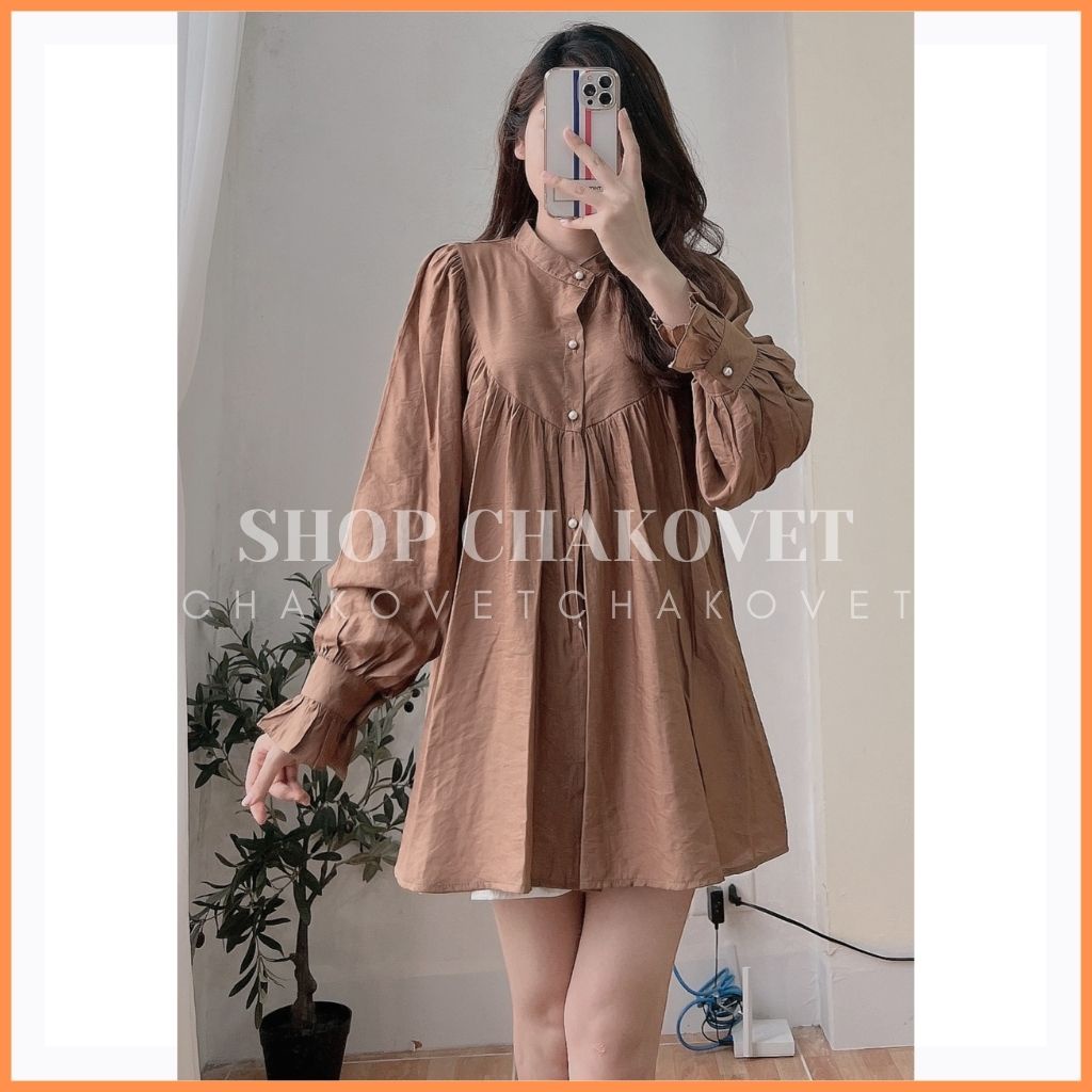 Áo sơ mi nữ dài tay oversize A8206 Thiết kế kiểu cổ tròn tay phồng dáng babydoll | BigBuy360 - bigbuy360.vn