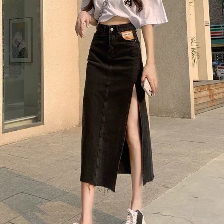 Chân váy dài Denim Lưng Cao Xẻ Tà Quyến Rũ Cho Nữ